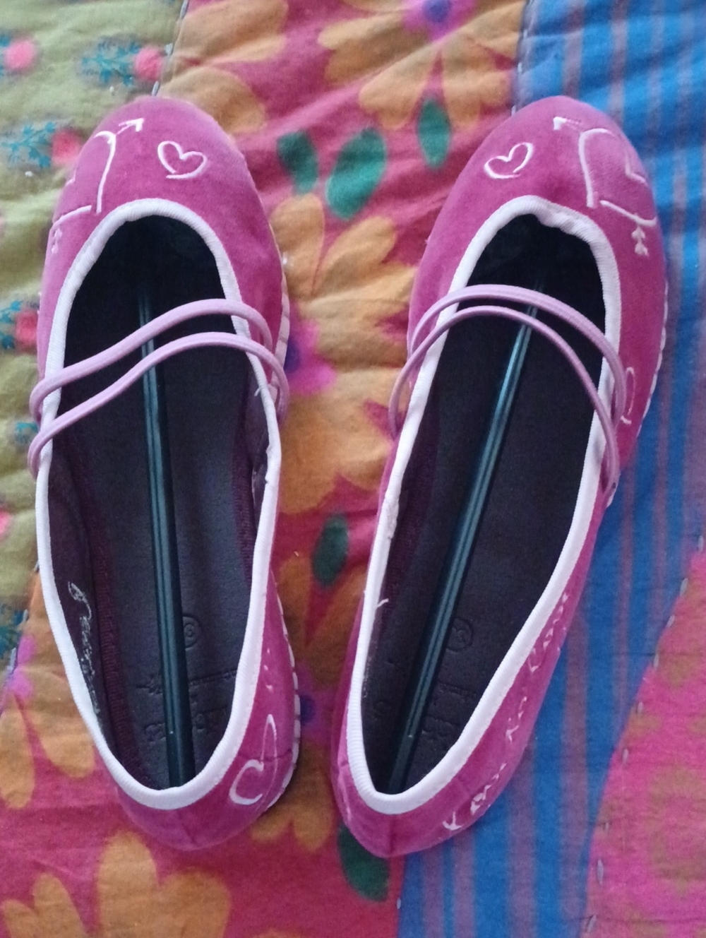 Heart-Embroidered Pink Ballet Flats with Double Elastic Straps